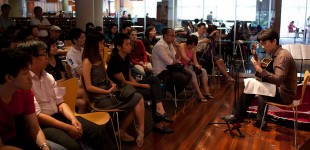 Performing to a packed crowd.